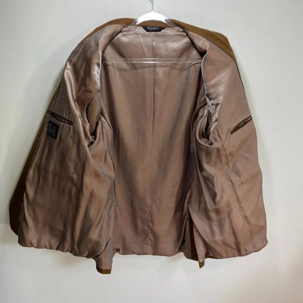 JoS A Bank Wool Cashmere Suit‎ Sport Coat Mens Tan Brown 46R Academia 2 Button